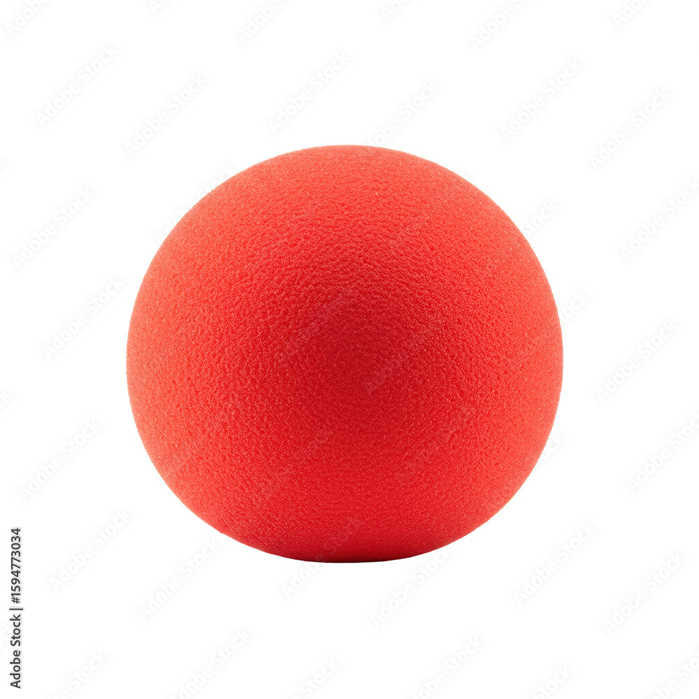 Poster single perfectly spherical vibrant red foam clown nose with subtle texture and soft matte finish, is