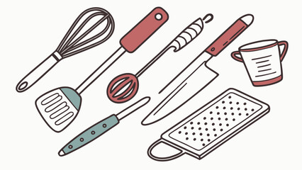Hand-drawn red and teal kitchen utensils set, whisk, spatula, knife, grater, measuring cup. Cartoon cooking tools line art illustration.