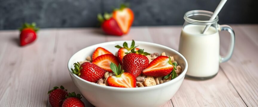 Bowl of cereal with fresh strawberries and milk, healthy breakfast,   food styling,  dairy - Powered by Adobe