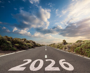 Road to 2026. Empty road with written 2026. Future, positivity and success of the New Year 2026...