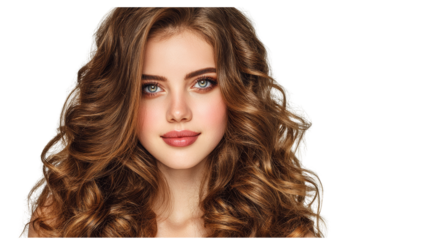 Sleek hair model showcasing shiny brown hair with strands flowing studio setting beauty portrait close-up view