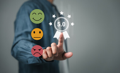 Customer service satisfaction survey shows virtual feedback interface, a businessman pressing...