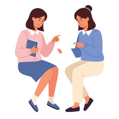 Fototapeta premium Two women in business attire discussing a document in a meeting, People sitting down and pointing at paperwork in an illustration