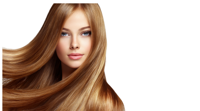 Sleek hair model with shiny brown strands flowing in a studio environment captured from a close viewpoint