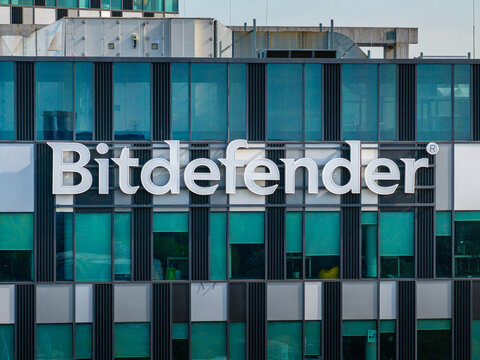 Bucharest, Romania - 2 June 2025: The Bitdefender logo on its modern office building. Bitdefender is a major Romanian cybersecurity technology company providing antivirus software.