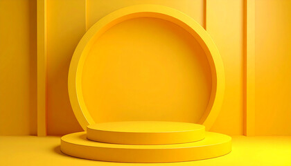 Yellow podium for product presentation on yellow background. Empty pedestal. Mock-up.