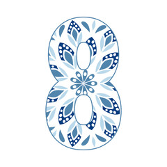 Letters 0-9 in a blue leaf pattern, bright and cheerful, indicating the start of a new day. Illustration.