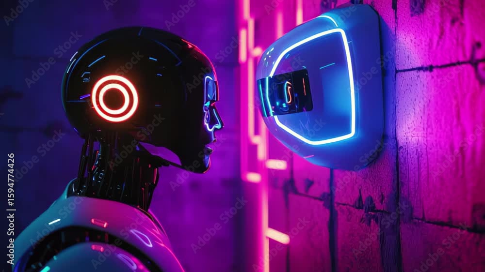 Poster human interacts with robot in neon-lit environment during dynamic conversation, human and robot talk