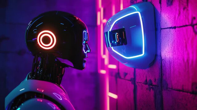 Human interacts with robot in neon-lit environment during dynamic conversation, Human and robot talking in neon effect mp4 video on dark background