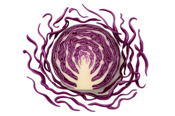Vivid sliced red cabbage revealing intricate purple veining, highlighting crisp vegetable surface against transparent backdrop
