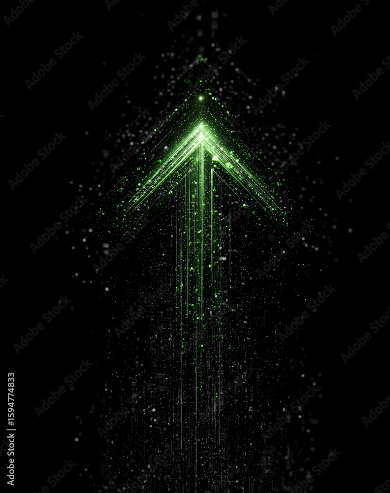 Poster glowing green upward arrow on dark background. digital trend growth and futuristic technology. abstr