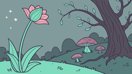 Dreamy whimsical fantasy landscape digital art illustration with a large pink and teal flower, magical tree, pastel mushrooms, and starry night sky.