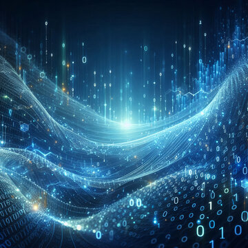 A high-resolution digital illustration showcasing a dynamic stream of glowing binary code (0s and 1s) flowing through a futuristic cyberspace environment. The composition features blue gradients, ligh
