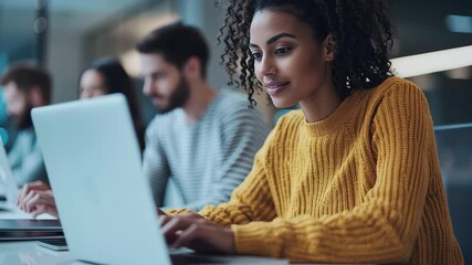 Diverse group engaged in data processing with media icons in a modern work environment, media icons and data processing over diverse colleagues using laptop in office - Powered by Adobe