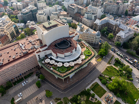 National Theatre of Bucharest. Aerial view of this cultural landmark from Bucharest, Romania, next to Univeristatii Square. Theatres in Romania.