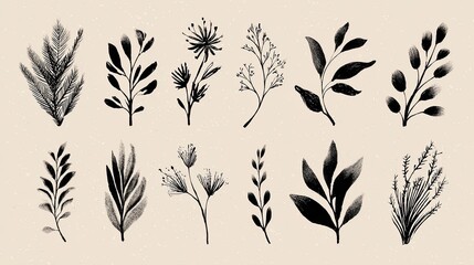 Fototapeta premium Color, Brush, Hand drawn flowers, Drawing, Leaf element, Black ink brush, Texture, Sketch, Art, Botany, Forest, For design, Colorful, Nature, Spring, Vector,