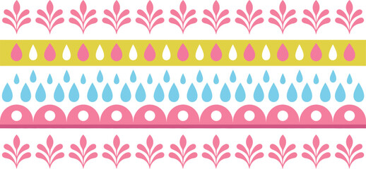 Colorful Floral Border with Raindrops and Scallops Patterned on White Backdrop