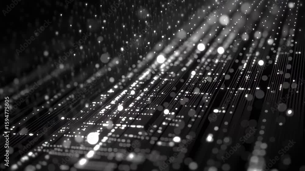 Poster data processing creates dynamic lines and patterns against a black background in an abstract represe