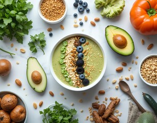 Vibrant Green Smoothie Bowl Surrounded by Fresh Fruits, Nuts, and Healthy Ingredients on White Marble Background, Flat Lay