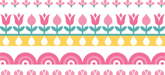 Colorful Floral Scandinavian Border with Tulip, Leaf, Circle on White Background