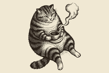 Fat cat with hot drink vintage engraving vector illustration

