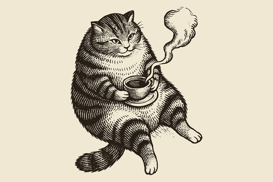 Fat cat with hot drink vintage engraving vector illustration

