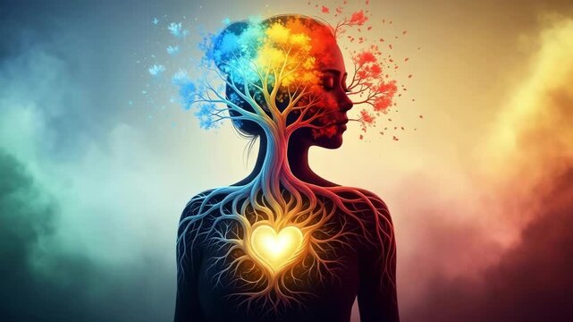 A silhouette of a person with a tree growing from their head and roots spreading through their body to a glowing heart