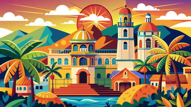 Cebu City, Philippines – Colonial churches and tropical beaches define this coastal urban beauty, blending history and ocean hues in a vibrant, sun-soaked vector illustration.