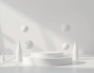 Minimalist white cylindrical podium with geometric shapes and natural light shadows on a clean studio background.