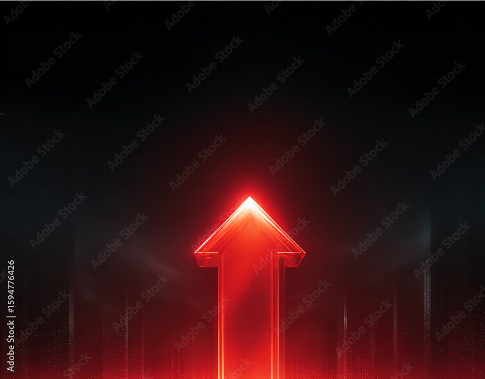 Poster red glowing arrow pointing upward on a dark background. business growth concept with increasing tren