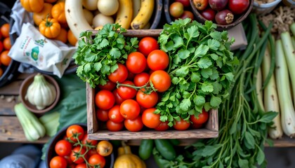 a wooden crate of tomatoes and coriander, surrounded by other vegetables on a banana leaf table, outdoor thai market, top down documentary style with saturated natural colors