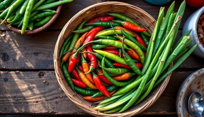 a bamboo basket filled with chilies and lemongrass, top down view, set on a wooden table at a rural morning market, rich earthy tones and soft sunlight, documentary style food photography