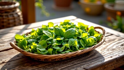 a rattan tray with lettuce and basil, photographed in warm morning light on a textured wooden table, village fair setting, rustic food photography with detailed composition