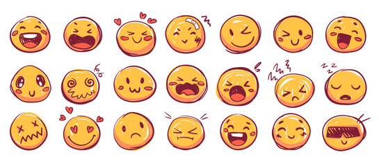 Hand drawn doodle emoji faces crayon set. Chalk scribbles with emoticons, heart, crown, underline, punctuation, speech bubble. Fun kid style charcoal marker texture, phrases. Vector illustration