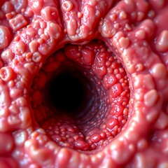 macro close up of esophagus tissue with tumor obstruction, isolated on neutral background