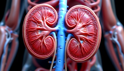 highly realistic rendering of kidney section with tumor visible in renal cortex, anatomical medical model