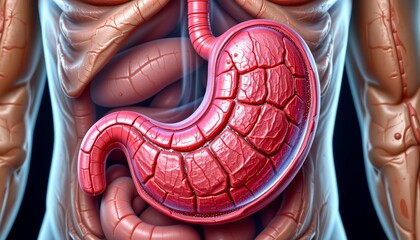 detailed image of stomach lining with cancerous mass, highly detailed medical diagram style