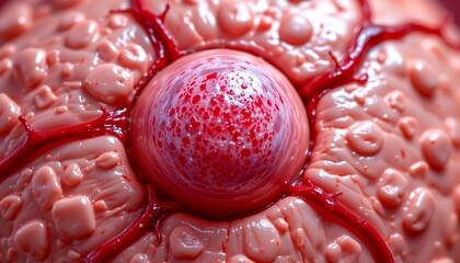 close up of lymph node with swelling and visible tumor cells, realistic texture and blood vessel detail
