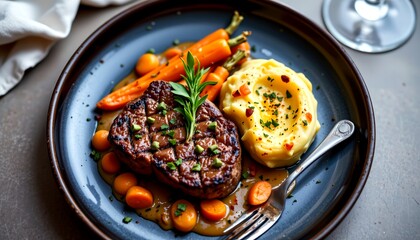 a plate of filet mignon steak with roasted garlic, sautéed baby carrots, rosemary sprigs, and creamy potato gratin, overhead food styling, elegant presentation on dark ceramic plate