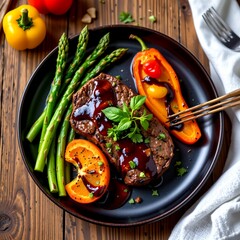 a plate of t bone steak with roasted bell peppers, garlic confit, grilled asparagus, and a drizzle of balsamic glaze, overhead food styling, elegant presentation on dark ceramic plate