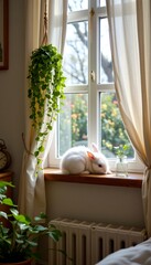 minimalist cozy home setting with a white rabbit curled up on a wooden windowsill, sunlight through linen curtains, with a hanging fern and vintage clock nearby, peaceful interior vibe