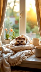 cozy lifestyle image of a hedgehog nestled in a soft blanket on a sunny windowsill, with warm light filtering through cotton curtains, tiny plant pots and a ceramic mug nearby