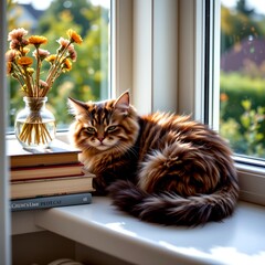 dreamy lifestyle photo of a scottish fold cat napping on a high windowsill, next to a stack of books and dried flowers in a glass vase, warm afternoon light and soft shadows, peaceful home feel