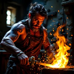 a dramatic close up of a rugged male blacksmith forging molten iron in a rustic medieval workshop, sparks flying, intense shadows and orange glow lighting the sweat on his skin