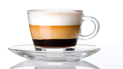 Latte Served in Transparent Glass Cup with Hand Holding the Cup Against a Clean White Background