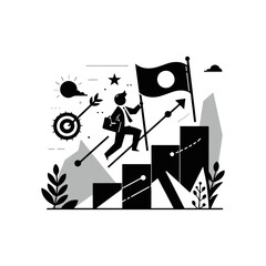 Fototapeta premium Businessperson climbing stairs with goal flag