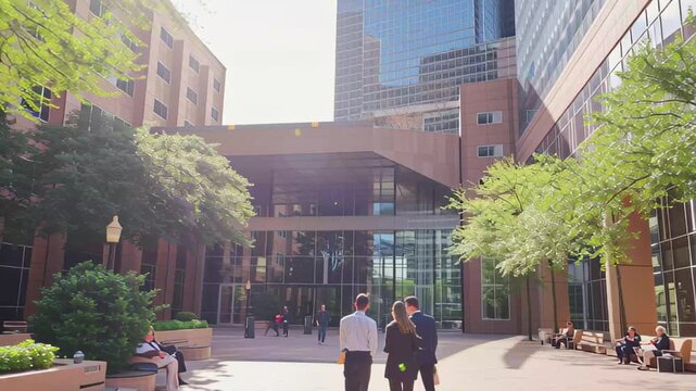 Coworkers enjoy a sunny day walking outside their office building in the city, Group of coworkers walking outside in front of office buildings discuss about business plan