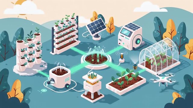 A clean green world where AI coordinates energy generation through wind turbines, solar panels, and energy-efficient homes in a seamless loop. Ideal for green tech or sustainability themes.