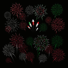Festive fireworks explode in red, white, and green against a dark sky, perfect for celebrations or holiday design needs.