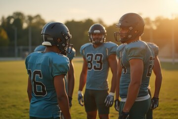 Young American football team talking together while standing on a field during a late afternoon practice